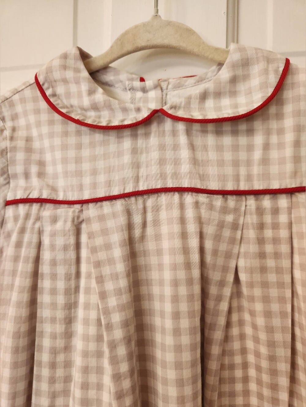 The Oaks Apparel girls taupe/white gingam pleated cotton dress